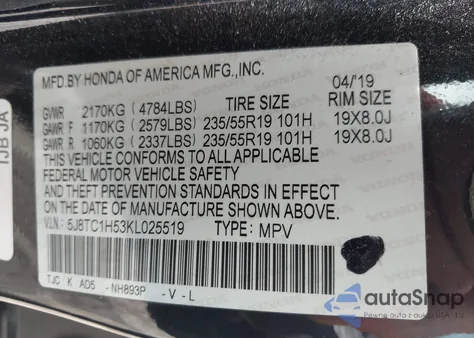 2019 Acura Rdx Technology Package z USA, uszkodzony, nr VIN 5J8TC1H53KL025519